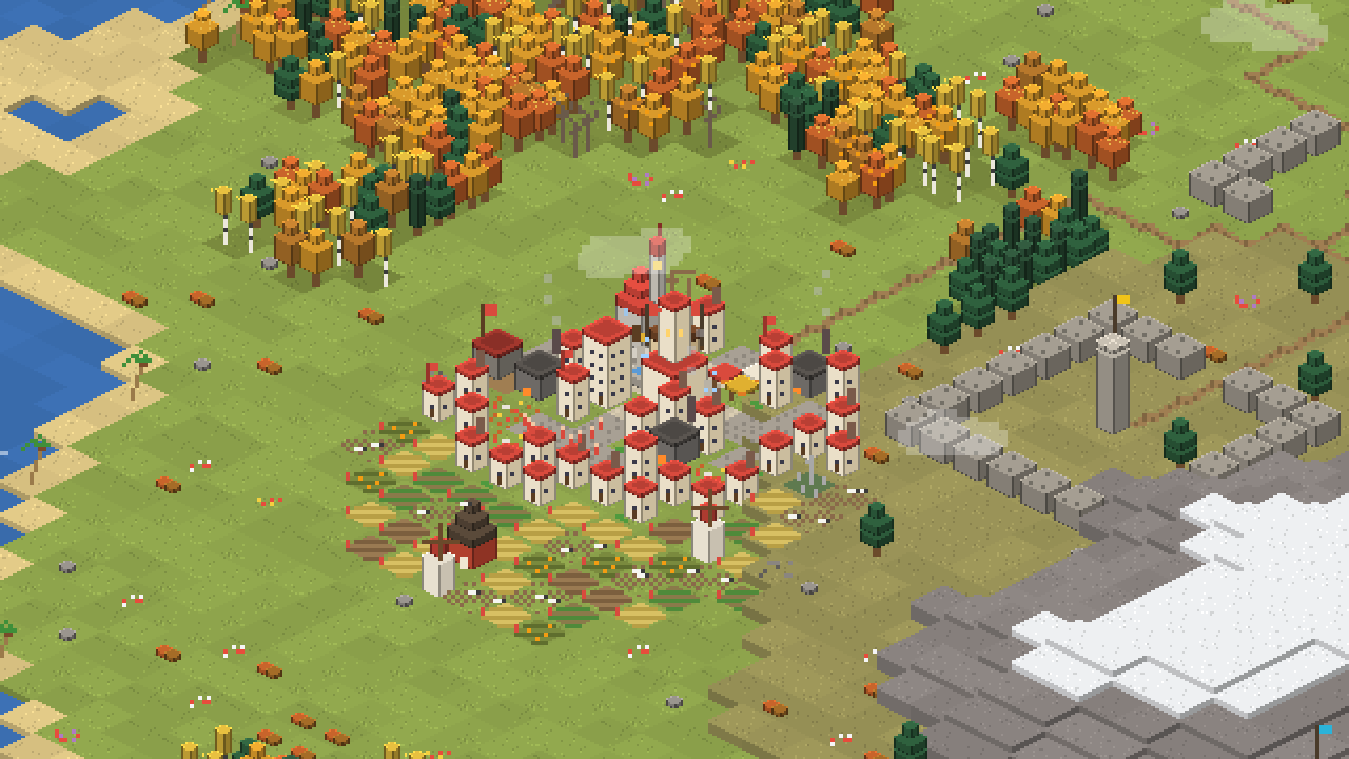 Close-up of a walled city: palace, paved square, houses with red roofs, workshops and windmills