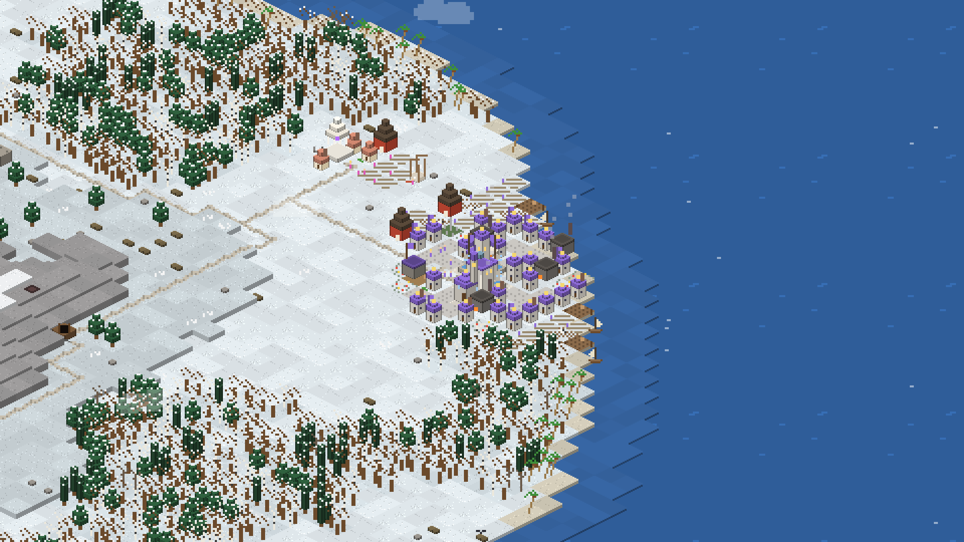 A snowy coast with two towns and bare trees